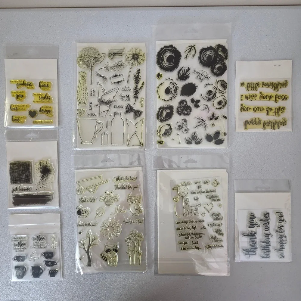 NEW Gina K Designs Clear Stamp Set Lot 8 pc Coffee Flowers Animals Sentiments